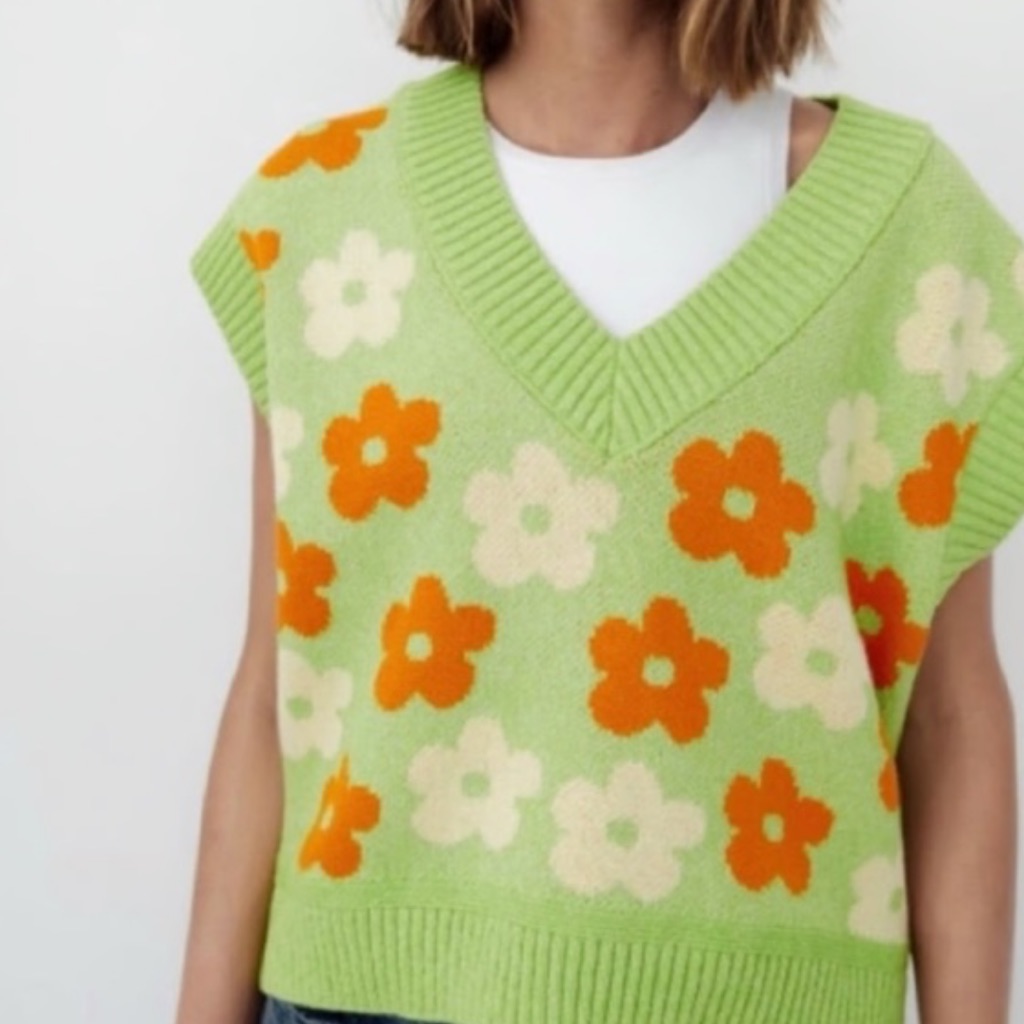 Zara Retro Oversized Green Floral Daisy Jacquard Knit Sleeveless Vest 70s Funky